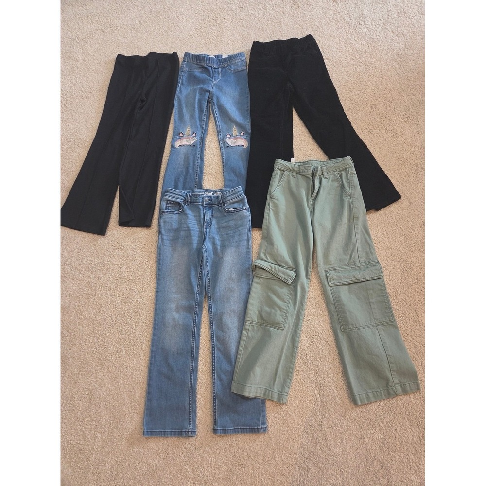 H&M Cat & Jack Girls Pants Lot 5pc Size 8 Blue Black Green Flare Cargo Excellent